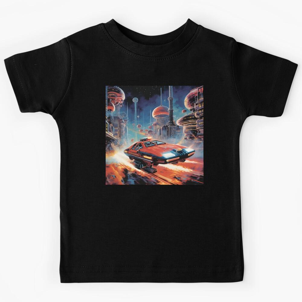 Retro Futuristic Flying Car Flies Over the City of the Future Kids T-Shirt 120