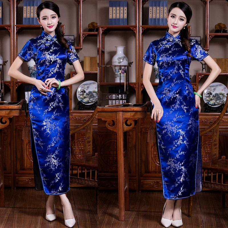 

Plus Size Retro Cheongsam: Plum Blossom Pattern, Short Sleeve, Slant Placket, Stand Collar (S-6XL) L
