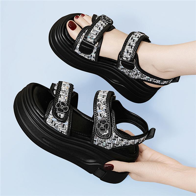 

New summer small versatile leather heightening sports soft-soled casual muffin thick-soled outer sandals women 34