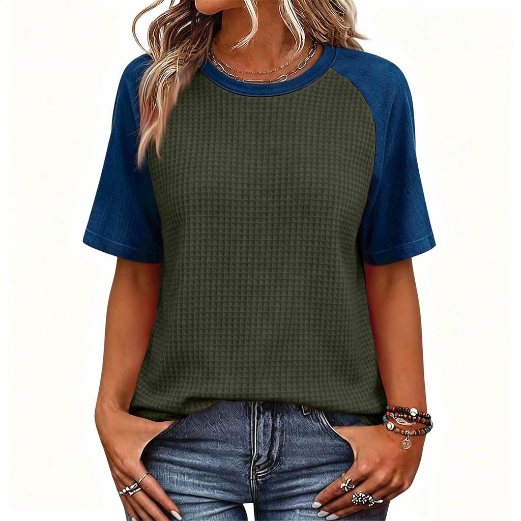 Women’s Casual Vintage Lightweight Plus Size Waffle Knit Raglan Crewneck Top Loose Fit Short Sleeve Pullover Shirt
