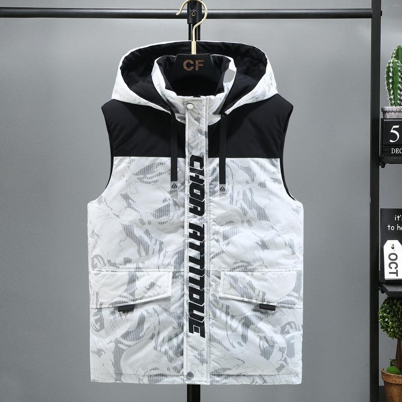 

Autumn and winter large size down cotton vest thickened warm camouflage outer wear vest trend loose fat enlarged vest men S білий