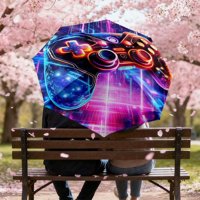 1pc Neon Gaming Controller Pattern Umbrella Design Automatic Opening and Closing Umbrella, High-quality Travel Umbrella, c1128158