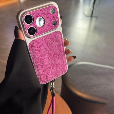 Premium Leather Strap Snakeskin Pattern Plating Case for iPhone 17 16 15 14 Pro Max Shockproof Armor Business Glossy Phone Cover