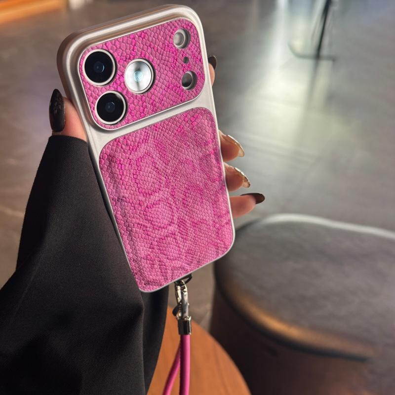 Premium Leather Strap Snakeskin Pattern Plating Case for iPhone 17 16 15 14 Pro Max Shockproof Armor Business Glossy Phone Cover