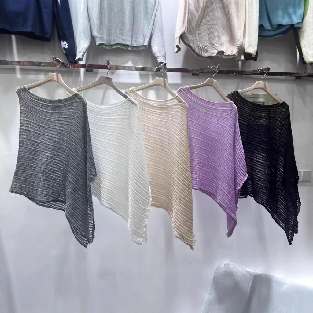 Літня нова однотонна блуза з захистом від сонця на шию, жіночна, універсальна, ажурний в'язаний светр, рукав-летюча миша, шаль-накидка, топ