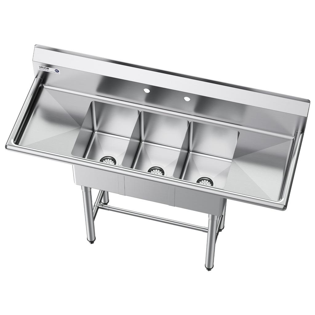 3 Compartment Sink, 18-Gauge 304 Stainless Steel, 254x356x254 mm Bowl Size, 3 Bay Commercial Kitchen Prep & Utility Sink with 2 Drainboards and