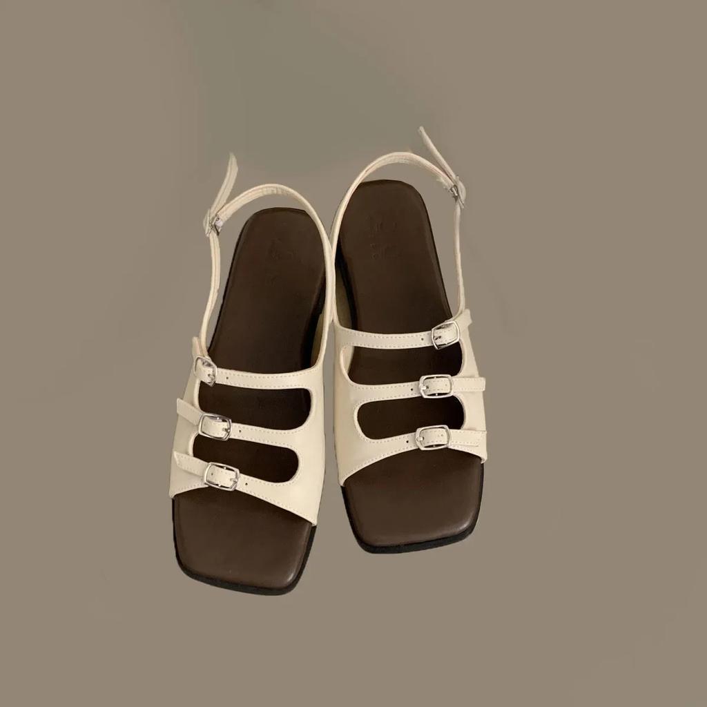 Women's Sandals Summer 2024 Retro French Flat Back Strap Roman Shoes Square Toe Belt Buckle Flat Sandalias Femininas