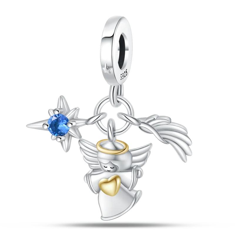 Copper Angel Pendant Wing Beads Heart Zircon Feather Charms Fit Original Brand Bracelet Diy Jewelry Marking Gift