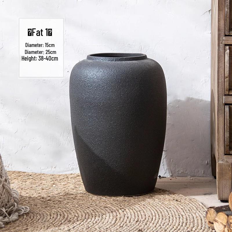 Jingdezhen Black Coarse Pottery Floor Vase: Modern Minimalist Japanese Decor for Hotel, Homestay, or Living Room.