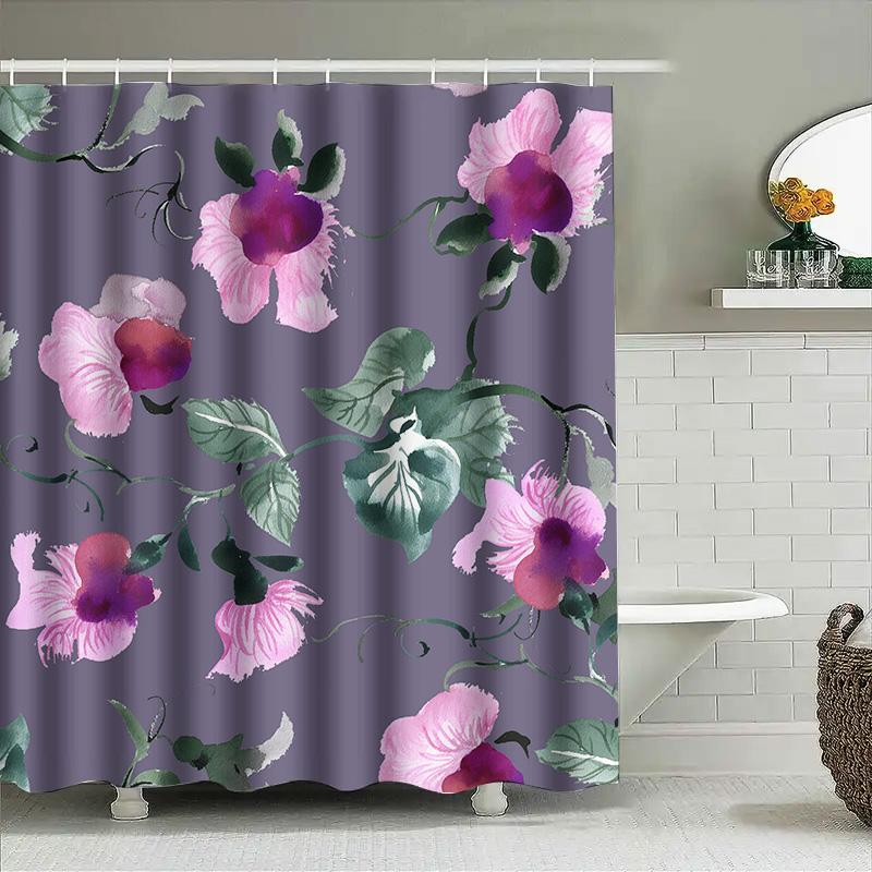 Purple Floral Shower Curtain With Green Leaves Watercolor Print Bathroom Decor For Home Pink Lavender Green