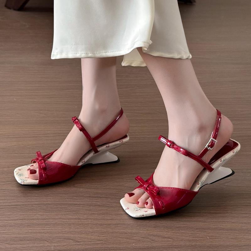 Summer Square Toe Shallow Women Slippers Bow Elegant Mid Heels Shoes Designer Pumps 2025 Trend Fad New Brand Sandalias De Mujer