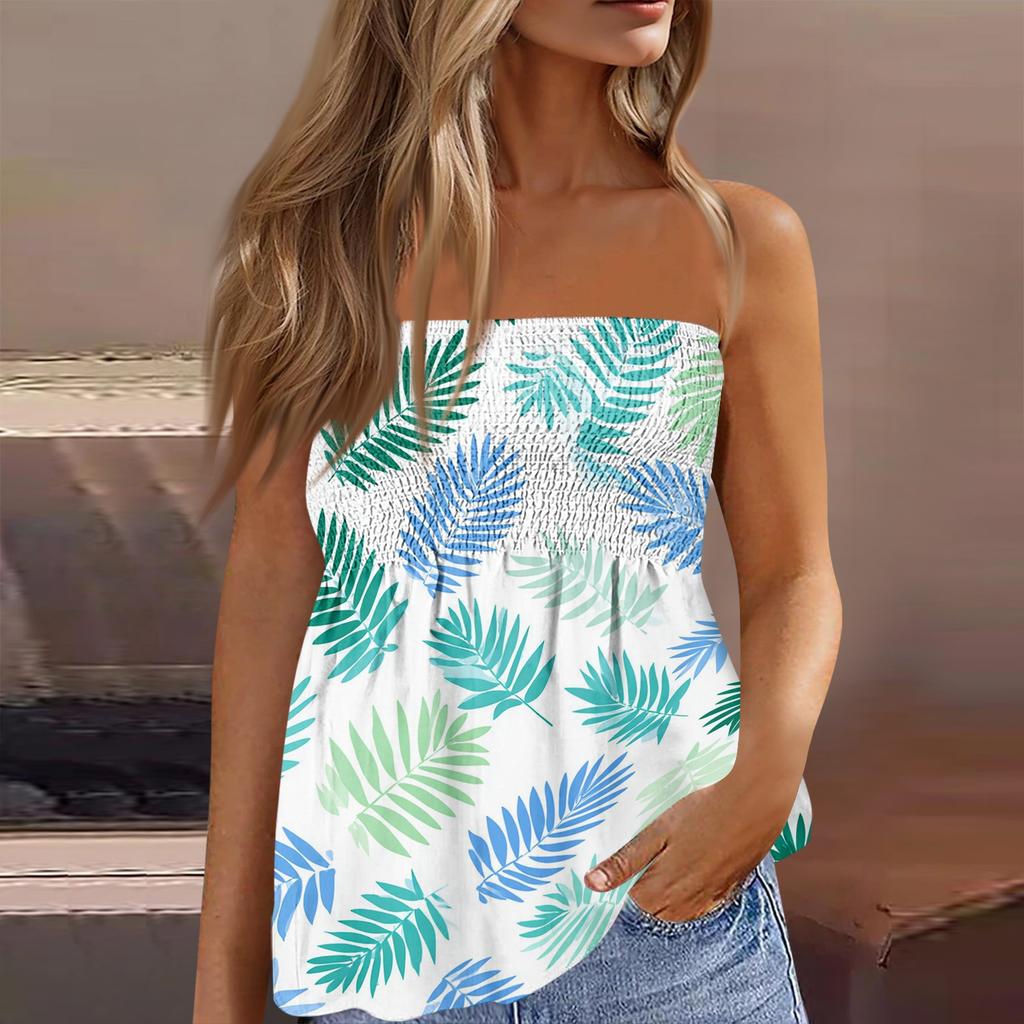 Women's Summer Fashion Strapless Top, Cute and Sexy Off-Shoulder Hawaiian Print Sleeveless T-Shirt