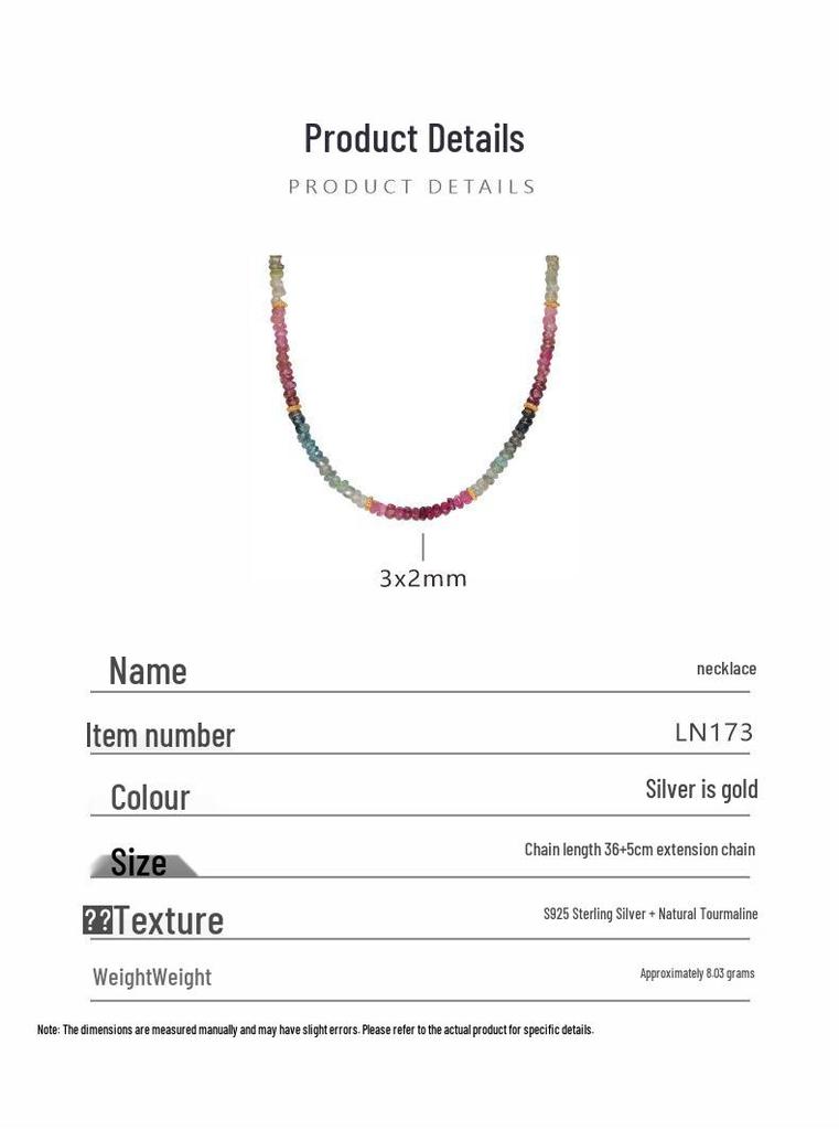 Natural Gemstone Tourmaline Bracelet Women's S925 Sterling Silver Handmade Beaded Clavicle Chain