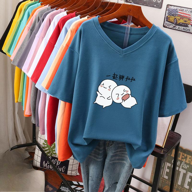 Camiseta de manga curta, Solta, Top V-neck Estampado Emagrecedor para Mulheres