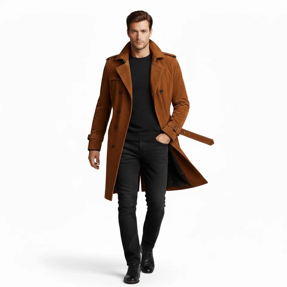 Brown Men's Handmade Trench Coat Stylish Soft Lambskin Leather Party Fashionable