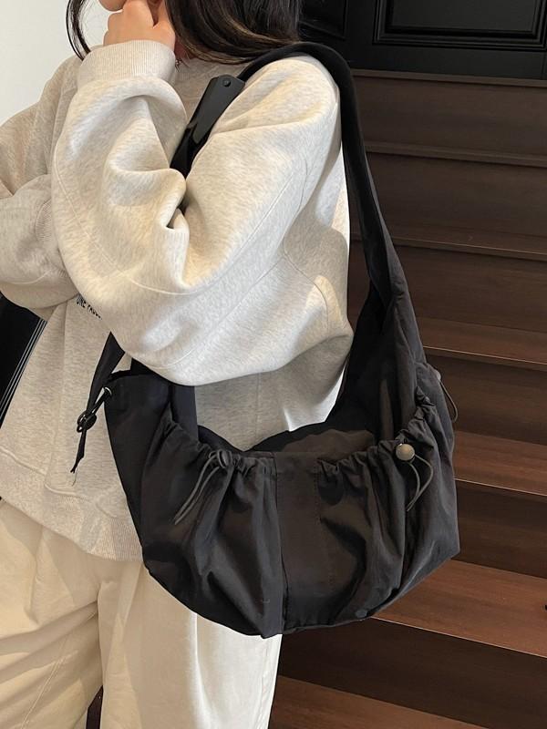 Nylon Shoulder Bag With Drawstring Closure For Casual Daily Use