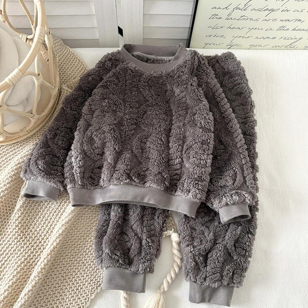 Children's Autumn and Winter Flannel Pajamas Set Boys Plus Velvet Thickened Home Service Girls Thermal Underwear Set