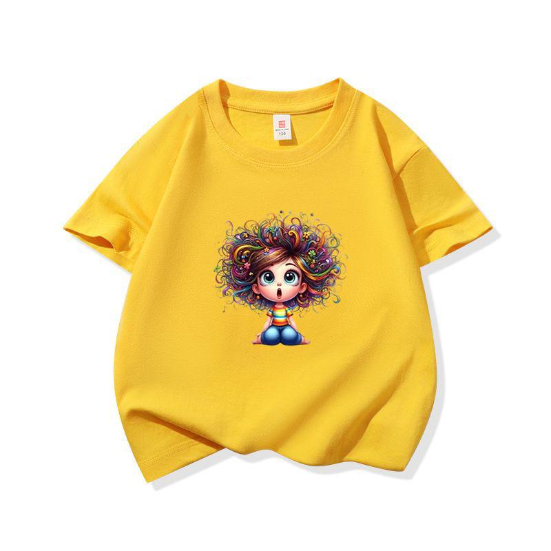 Kids Cotton T Shirt Sitting Girl With Colorful Hair Print Crew Neck Short Sleeve Tee Casual Boys Girls Summer Tops