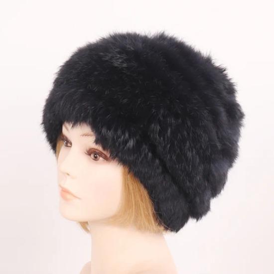 Hot Sale Women Knitted Real Rabbit Fur Hats Ladies Winter Warm Fluffy Genuine Rabbit Fur Caps Outdoor Good Elastic Fur Cap