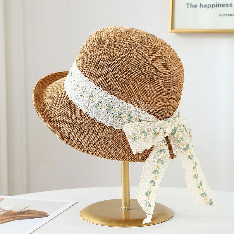 

Summer hat with ribbon bow, fisherman s hat with wide brim, straw hat with round top, sunshade hat outing 56-58cm хаки
