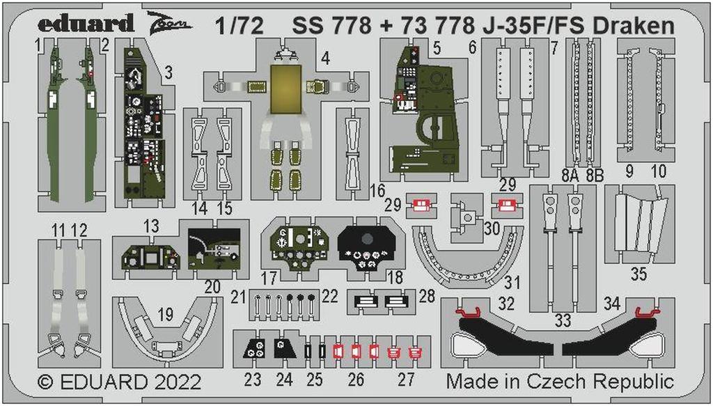 Eduard 1/72 Scale Photo-Etched Parts for Saab J-35F/FS Draken (for Hasegawa) Plastic Model Kits, EDU73778