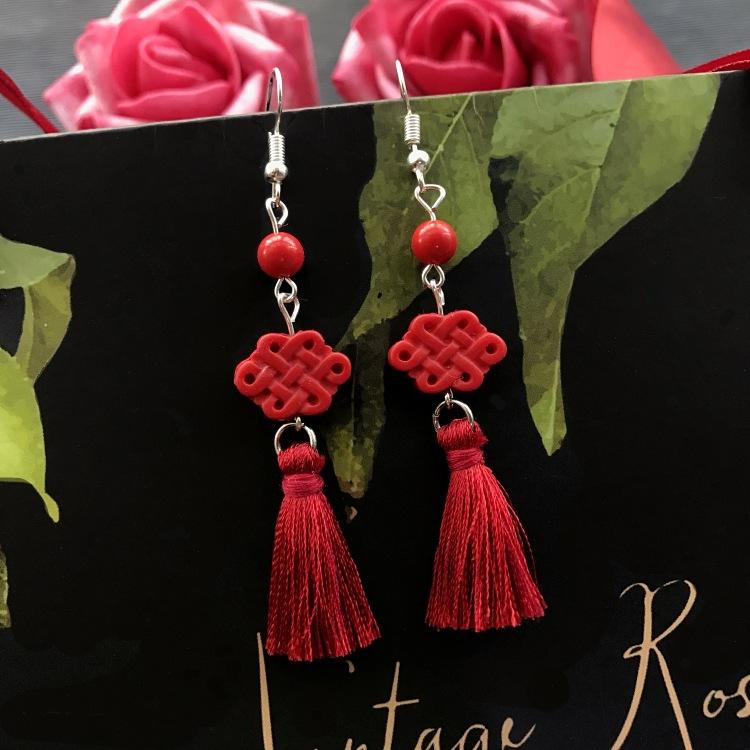 Klassische Mode rote Zinnober Quastenohrringe Retro romantische Rosenblüten Ohrringe Weiblichkeit vielseitige Brautohrringe