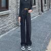 High-Waisted Black & Gray Wide-Leg Jeans - Adjustable Multi-Button Design, Loose Pear Shape, Floor Length for Women