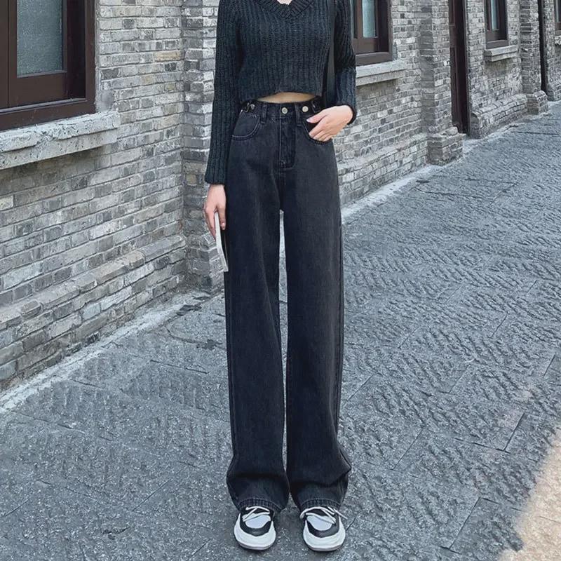 High-Waisted Black & Gray Wide-Leg Jeans - Adjustable Multi-Button Design, Loose Pear Shape, Floor Length for Women