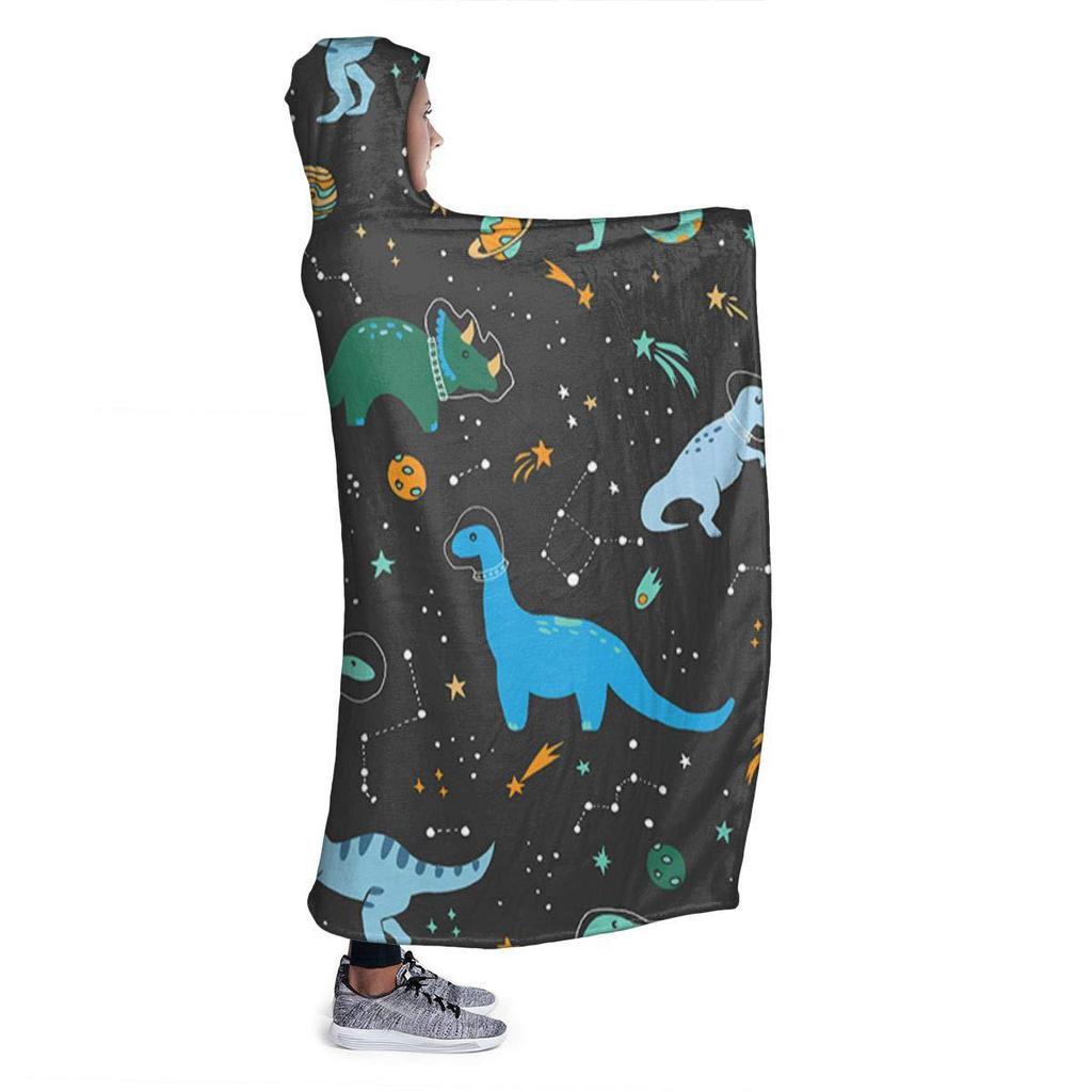 Dinosaur Theme Print Pattern Soft Flannel Thermal Hooded Blanket Home Outdoor Office Essential Blanket