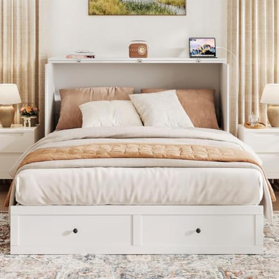 Full Size Murphy Bed with Charging Station and Drawer, Full Size Mobile Cabinet Bed Frame, Murphy Chest Bed for Bedroom, Guest