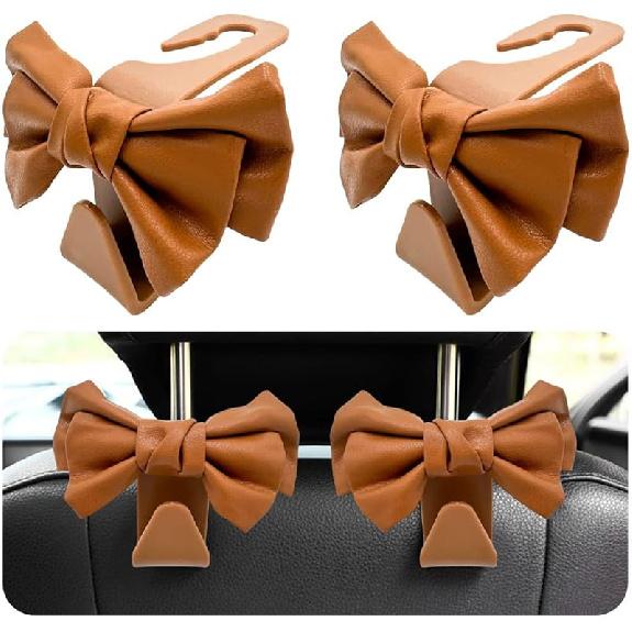 2 PCS Car Seat Headrest Hooks, Cute Bow Shaped Vehicle Backseat Storage Hooks, Leather Bow Shaped Sturdy Car Seat Back Hooks For