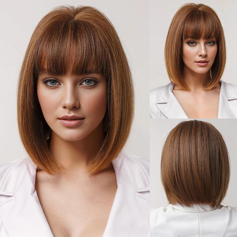 Парик боб с короткими прямыми волосами и косой челкой Модная женская короткая стрижка