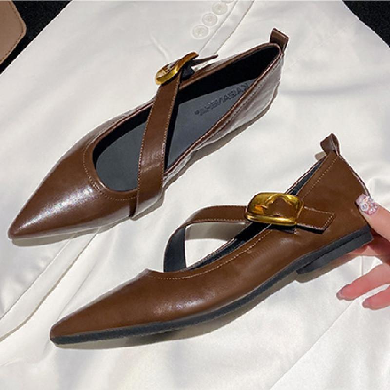 Fashion Retro Pointed Toe Soft Leather Flat Shoes Women Narrow Band Buckle Mary Jane Shoes Women Fashion Comfort Large Size Women Shoes