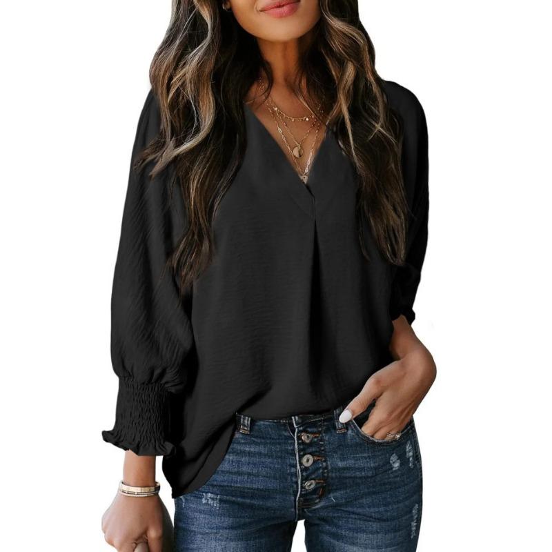 New Autumnal and Winter Women's V-neck Casual Long-sleeved Loose Shirt Top Blouse T-shirt