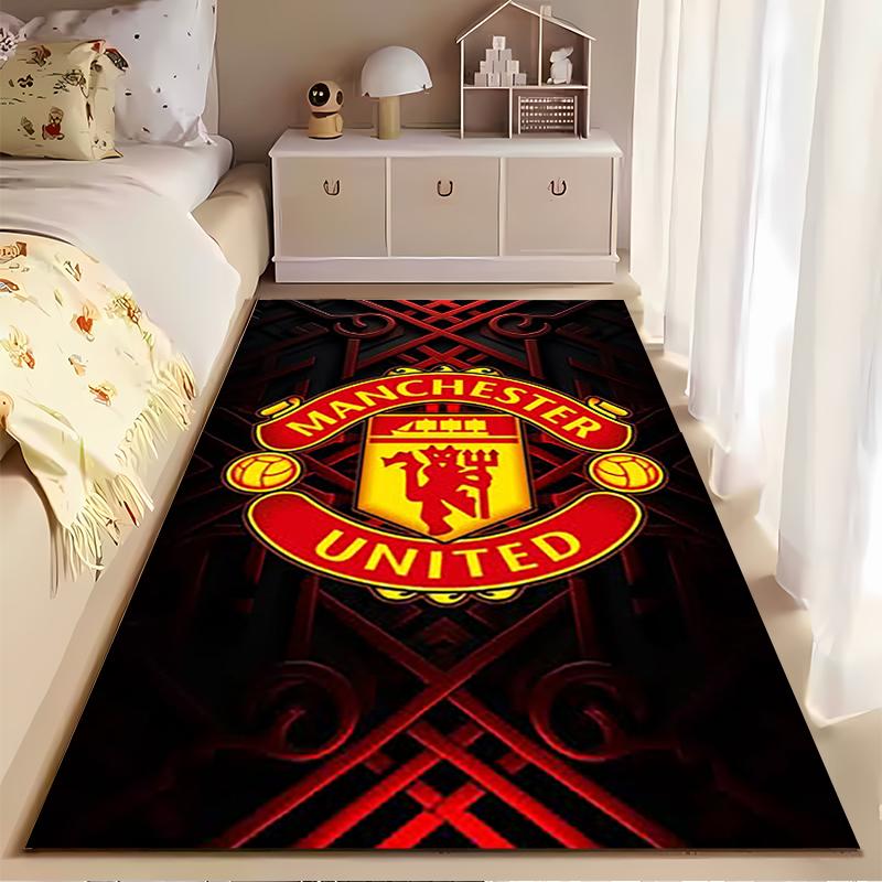 Sports Area Rug, Manchester United FC Crest Red Devil Logo Poster, Fan Cave Decor, Non-Slip Mat