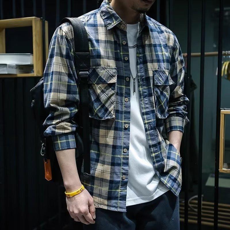 Men's Long-sleeved Casual Plaid Shirt Students Handsome Loose Jacket Teenage Fall Plus Size Tops