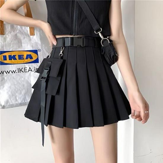 

2025 Summer High-Waisted Black Pleated A-Line Workwear Skirt with Pockets S (80-90 cm) серый