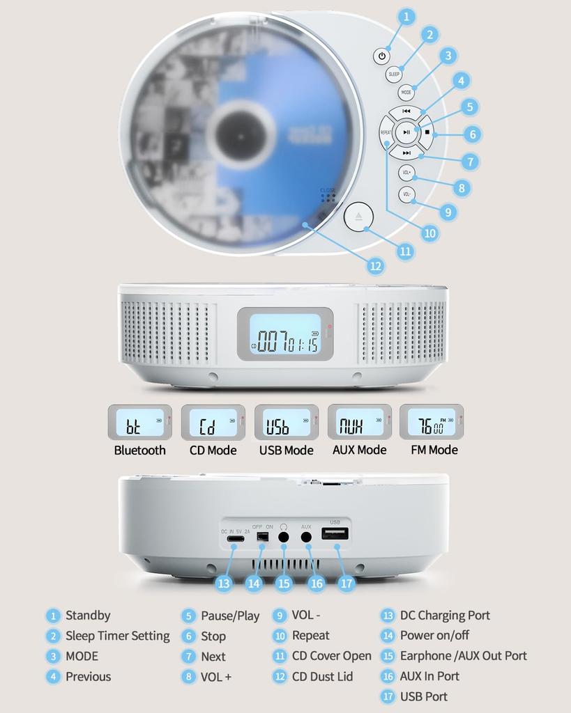 FELEMAN Portable CD Player with Built-in Bluetooth Speaker, 2000mAh Rechargeable Battery, CD Radio, Timed Off Function, LED Display, Dustproof Clear