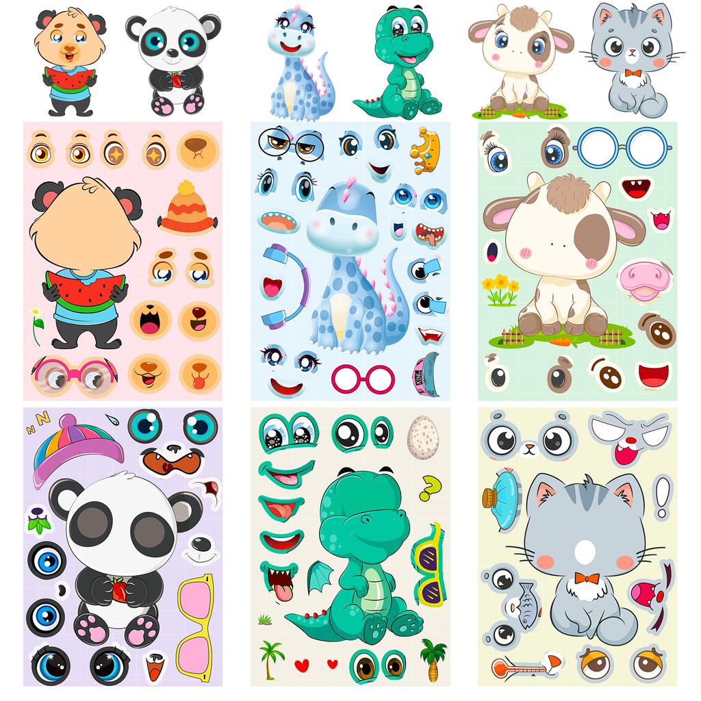 6 PCS/set Cartoon Animal Puzzle Face Changing Stickers Dinosaur Dog DIY Puzzle Early Childhood Education Educational Toys