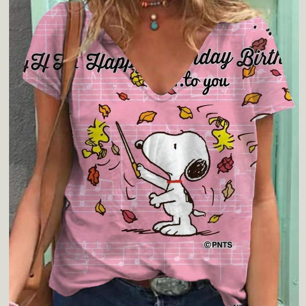 V-Neck Women's Sexy T-shirts Short Sleeve Breathable Simple Snoopy Cartoon Print Tops T-shirt Fun Patterns 15 Color Pullover Top