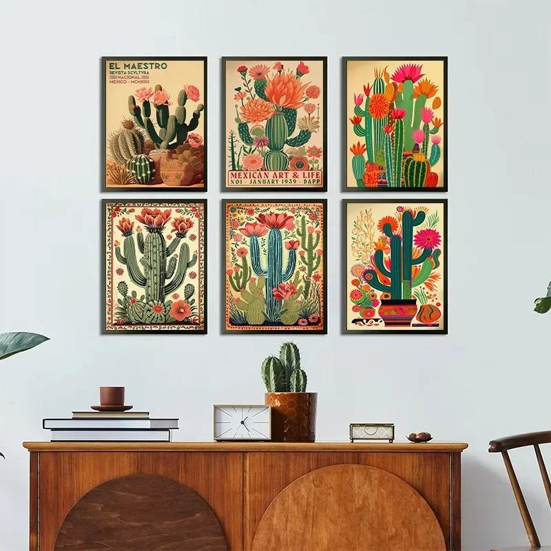 Vintage Mexican Cactus Posters Print Colorful Floral Aesthetic Art Canvas Painting for Modern Living Room Corridor Wall Decor