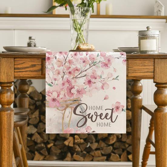 Floral Table Runner Spring Summer Linen Watercolor Flowers Plants Table Runner Machine Washable Table Protector for Home Farmhouse Dinner Party