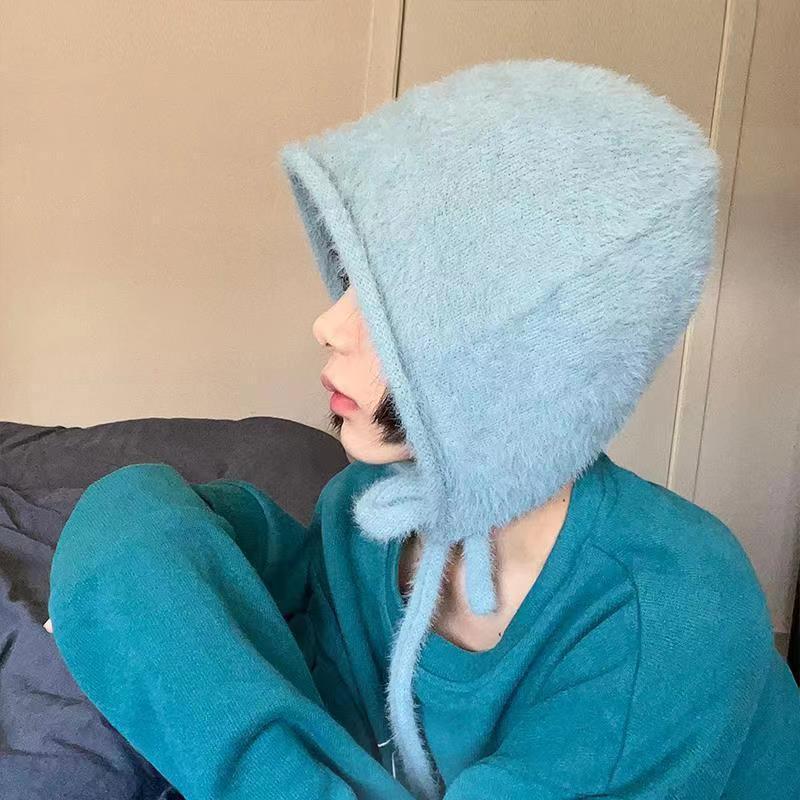 Imitation Mink Fur Lace-up Pullover Cap Women Plush Fisherman Hat Winter Warm Ear Protection Headgear Bonnet Solid Velvet Beanie