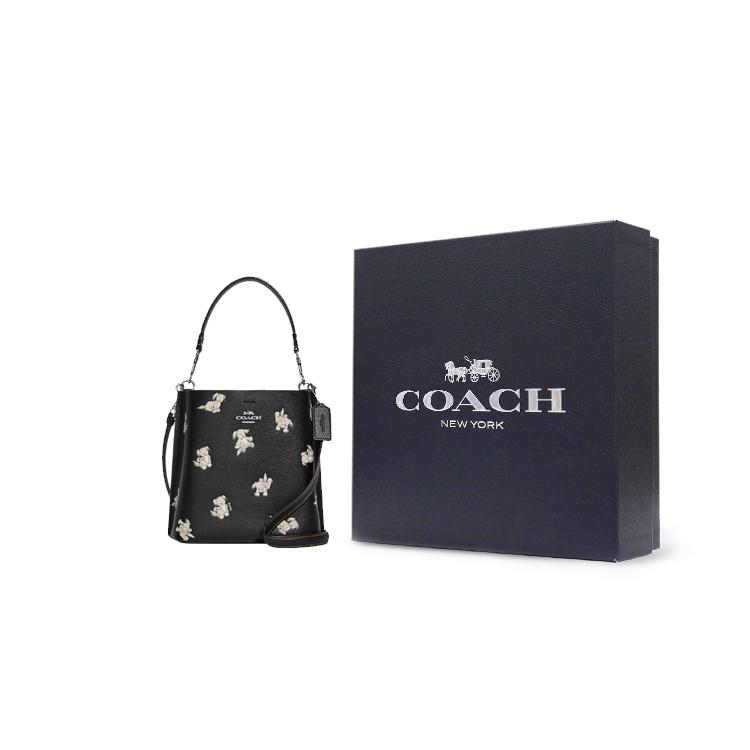 New COACH Mollie Leather Bucket Bag, Handbag, Shoulder Bag, Crossbody Bag Trumpets Women's Black CC422-SVM2