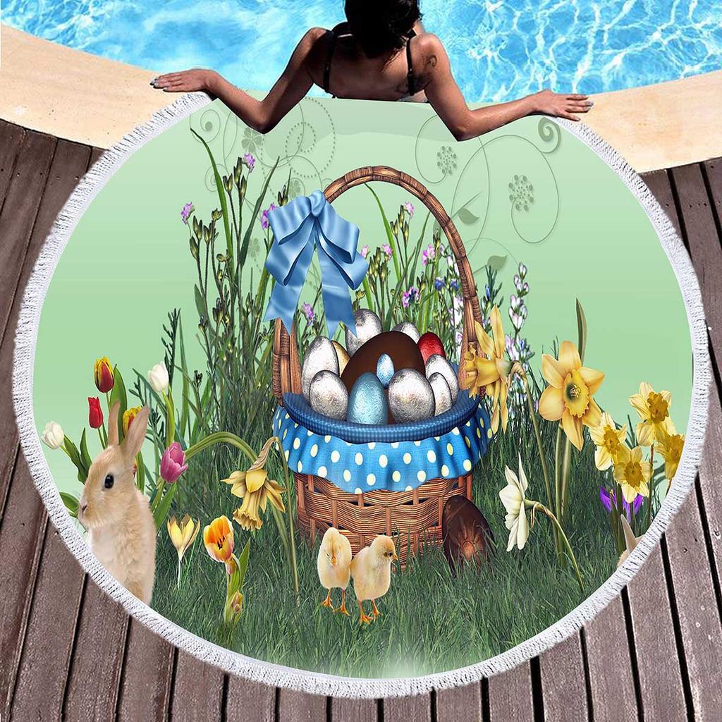 Easter Eggs Round Beach Towel with Tassels For Boys Girl Easter Gifts Microfiber Soft Sand Proof Absorbent Circle Swim Towel