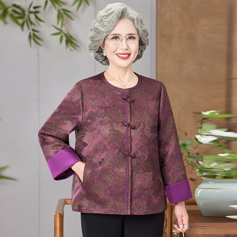 Elegant Spring & Autumn Chinese Style Outerwear for Mothers and Grandmothers, Round Neck, Fashionable for Middle-Aged and Elderly Women.