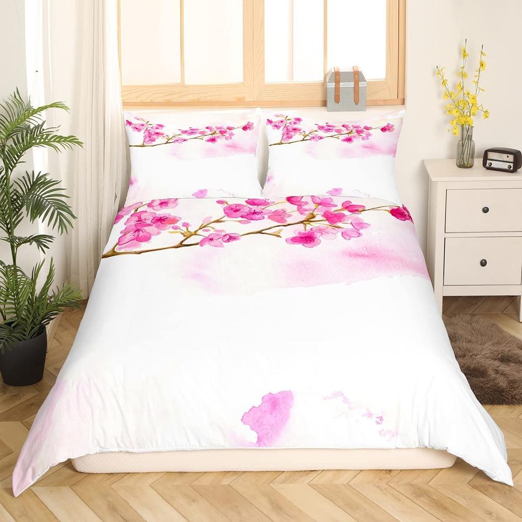 Cherry Blossoms Bedding Set Pink Floral Comforter Cover For Girl Teen Women Petal Flowers Duvet Cover Microfiber Bedspread Cover