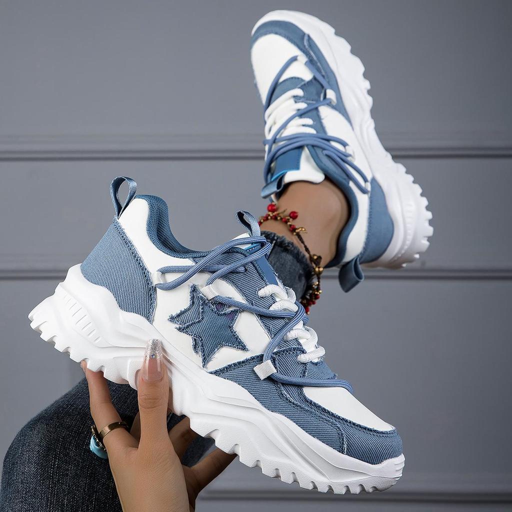 MCTIN Couples Chunky Sneakers Casual Lace Up Platform Shoes for Women Star Decor Men Sports Shoes
