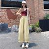 Women's Wide-Leg Ice Silk Pants: Dark Blue, Quick-Drying, High-Waist, Slimming, Lightweight Summer Lantern Style with Side Nine-Point Length.