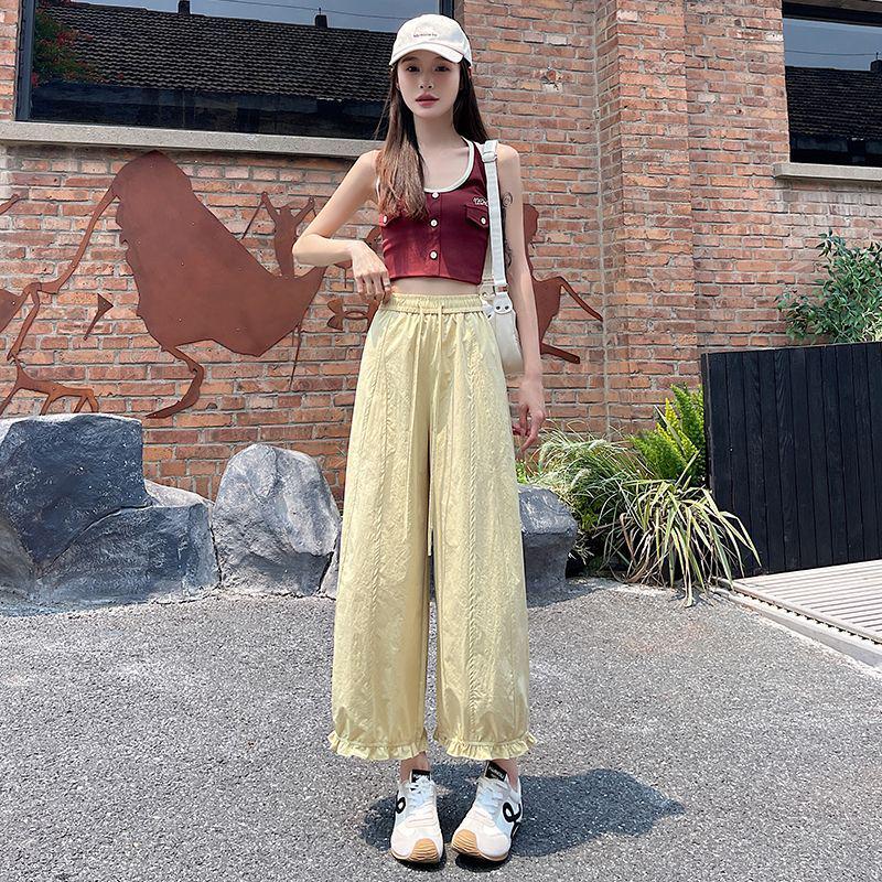 

Women s Wide-Leg Ice Silk Pants: Dark Blue, Quick-Drying, High-Waist, Slimming, Lightweight Summer Lantern Style with Side Nine-Point Length. S (80-95 jin) жёлтый